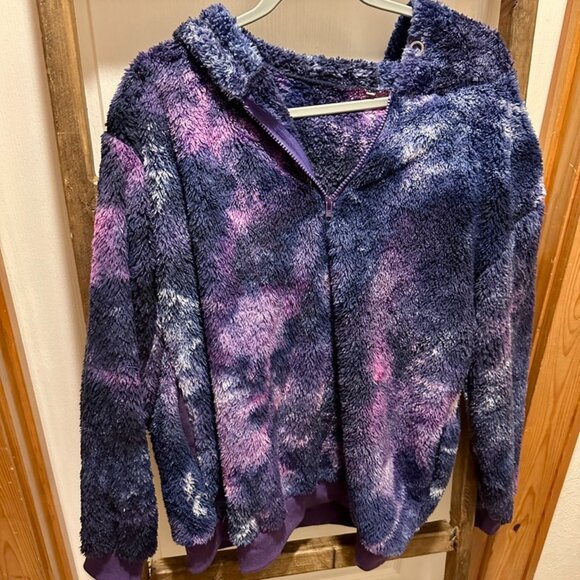 SUPER SOFT Purple Pink Tie Dye Sherpa Quarter Zip Fleece Pullover Hoodie - Picture 1 of 2